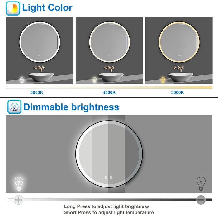 AICA Bathrooms Memory Function, Anti-fog, IP44, With 3 Colors Dimmable Brightness, Round  LED Bathroom Black Frame Mirror
