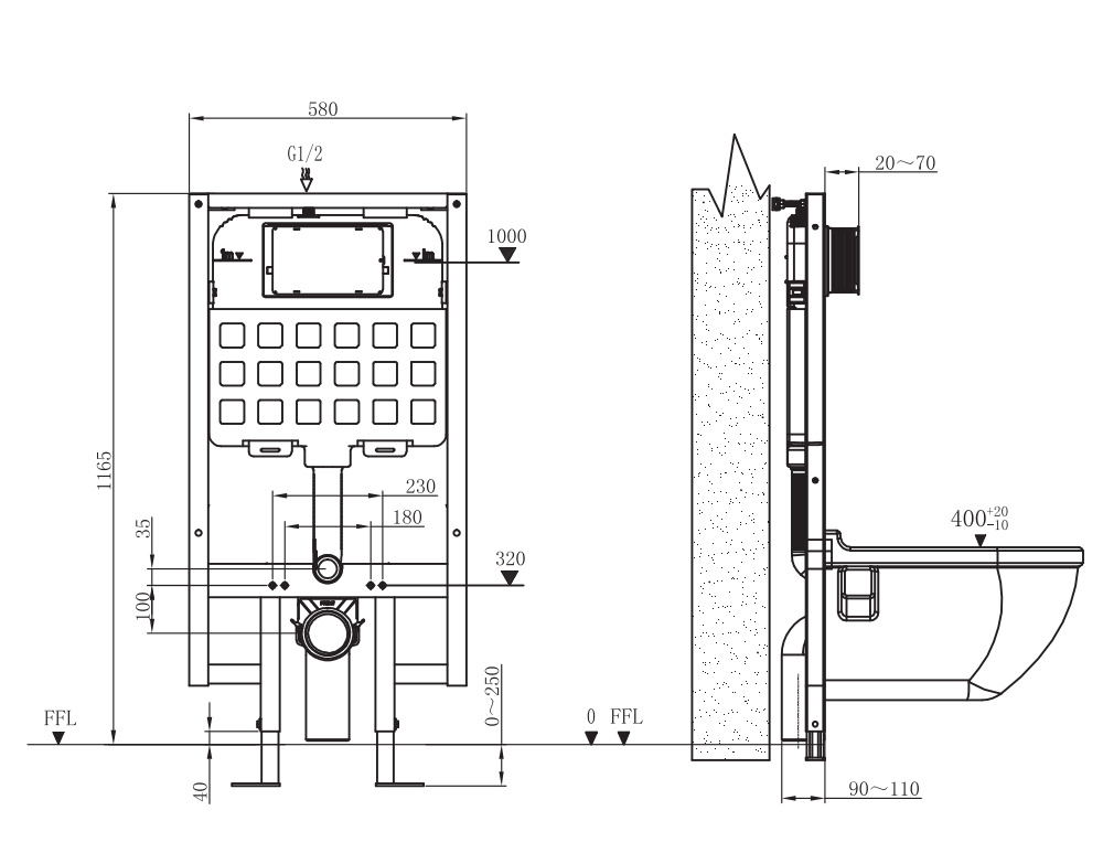 1140mm heigh Aica concealed toilet cistern frame set