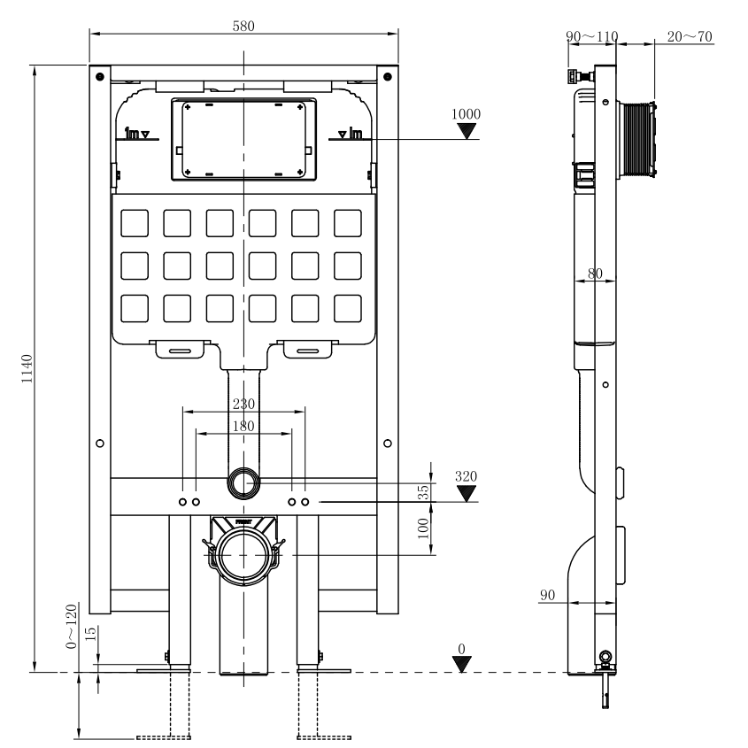 1140mm heigh Aica concealed toilet cistern frame set