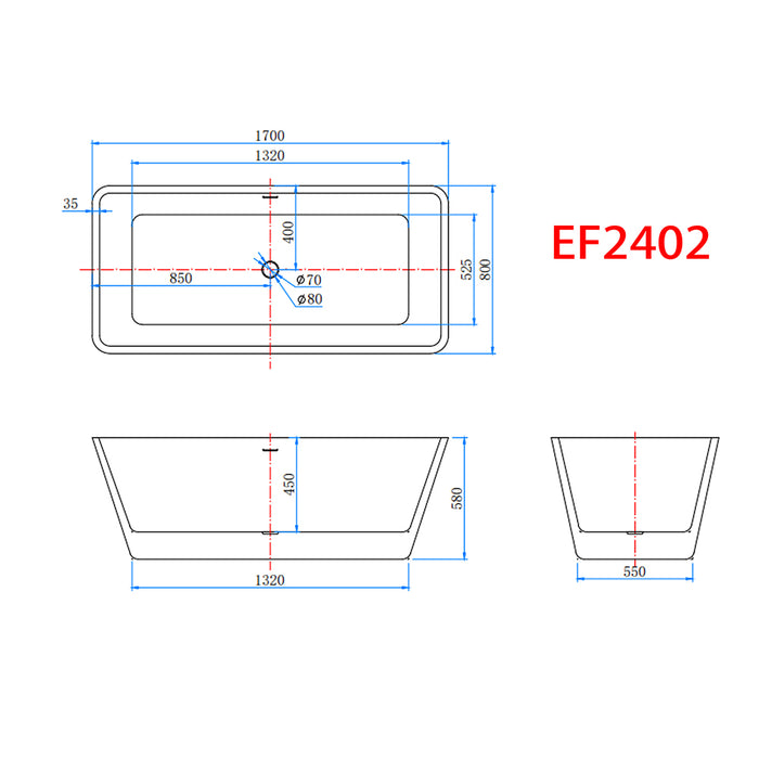 Freestanding Double Ended Bath Tub 1700x800mm Integral Waste & Overflow