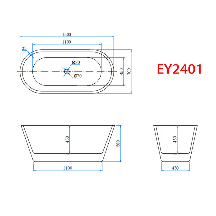 AICA Bathroom Bathtub Freestanding Double Ended Bath 1500x700mm