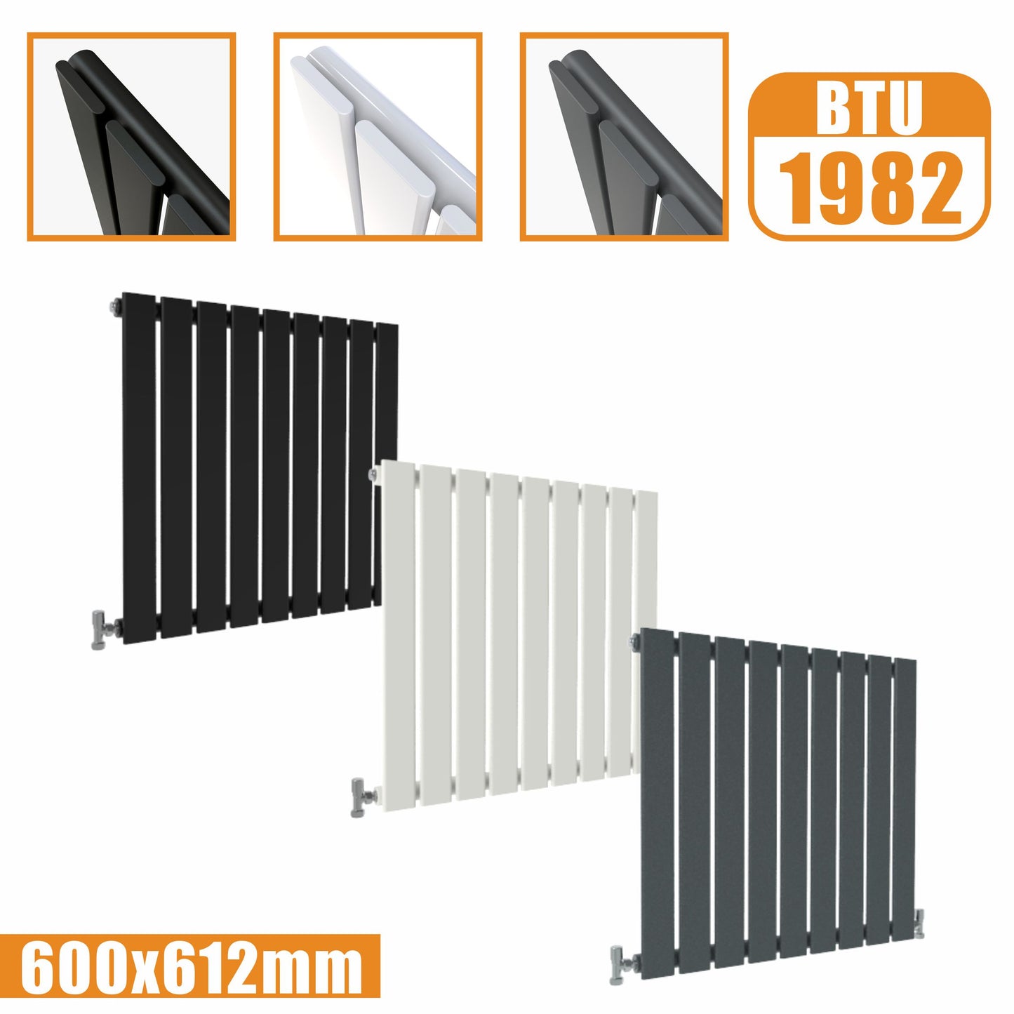 Designer Radiator Horizontal White Grey Flat Panel 600x612MM Rads Single Panel AICA