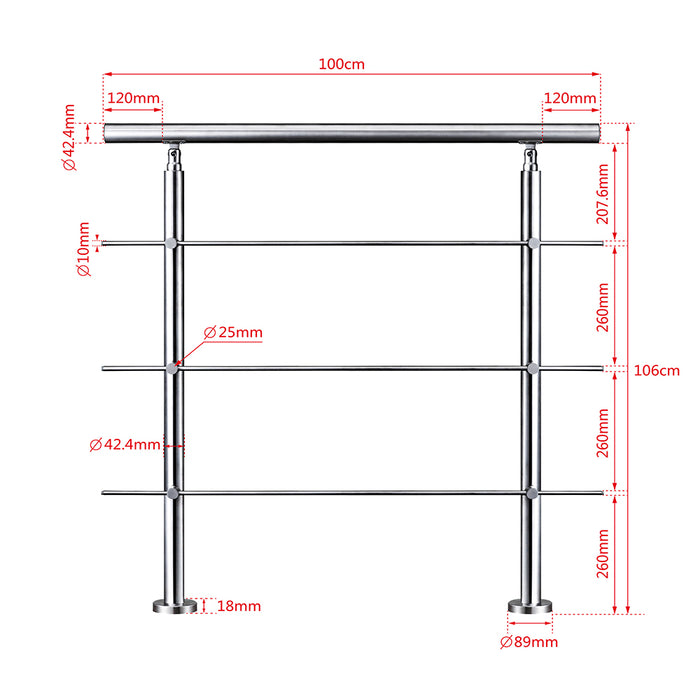 AICA Stainless Steel handrail with 3 crossbars Balustrade Stairs Outdoor Indoor FVC3