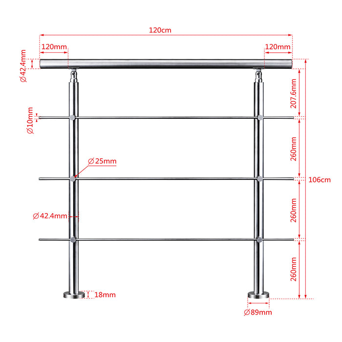 AICA Stainless Steel handrail with 3 crossbars Balustrade Stairs Outdoor Indoor FVC3