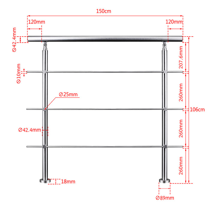 AICA Stainless Steel handrail with 3 crossbars Balustrade Stairs Outdoor Indoor FVC3
