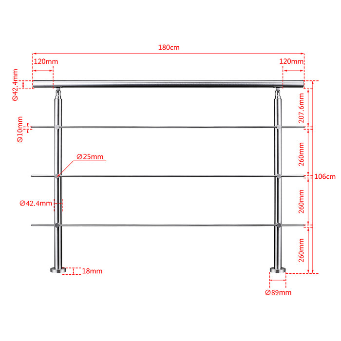 AICA Stainless Steel handrail with 3 crossbars Balustrade Stairs Outdoor Indoor FVC3