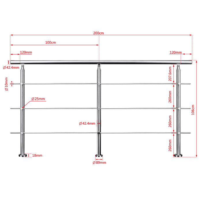 AICA Stainless Steel handrail with 3 crossbars Balustrade Stairs Outdoor Indoor FVC3