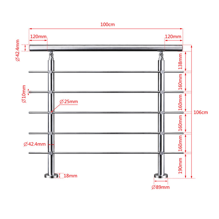 AICA Stainless Steel handrail with 5 crossbars Balustrade Stairs Outdoor Indoor FVC5