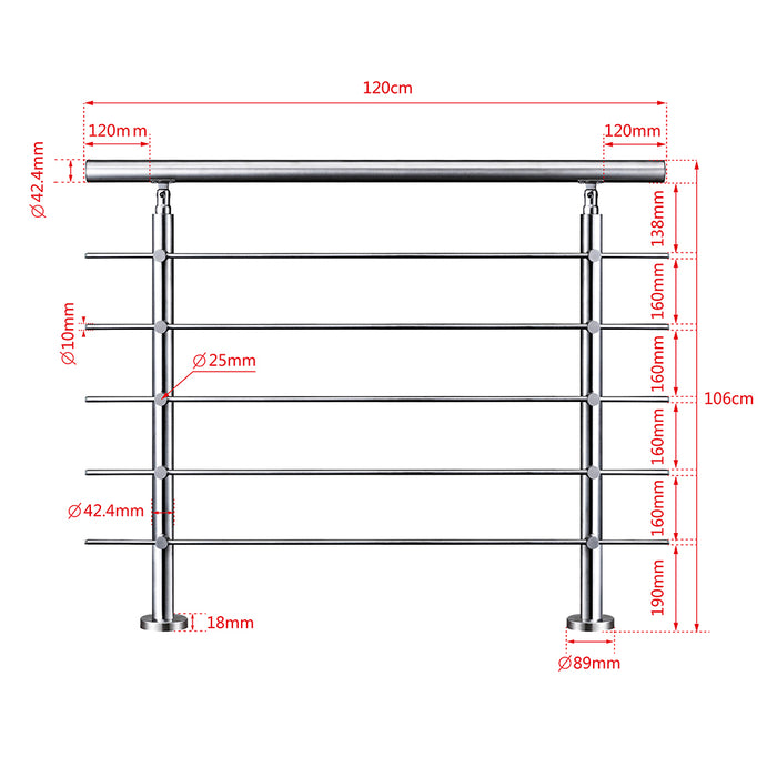 AICA Stainless Steel handrail with 5 crossbars Balustrade Stairs Outdoor Indoor FVC5