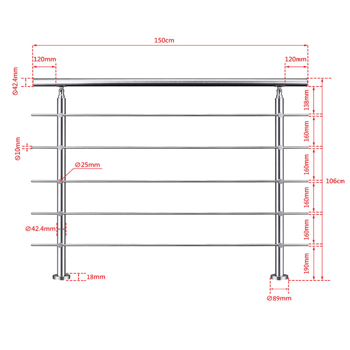 AICA Stainless Steel handrail with 5 crossbars Balustrade Stairs Outdoor Indoor FVC5