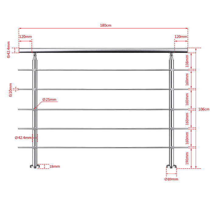 AICA Stainless Steel handrail with 5 crossbars Balustrade Stairs Outdoor Indoor FVC5