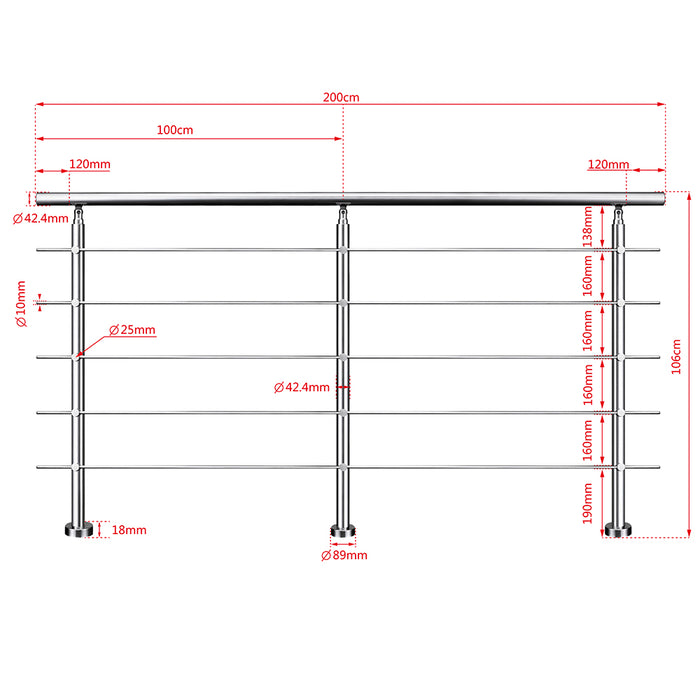 AICA Stainless Steel handrail with 5 crossbars Balustrade Stairs Outdoor Indoor FVC5