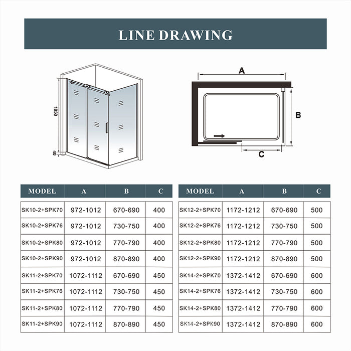 Line drawing of a shower enclosure with dimensions and model specifications.