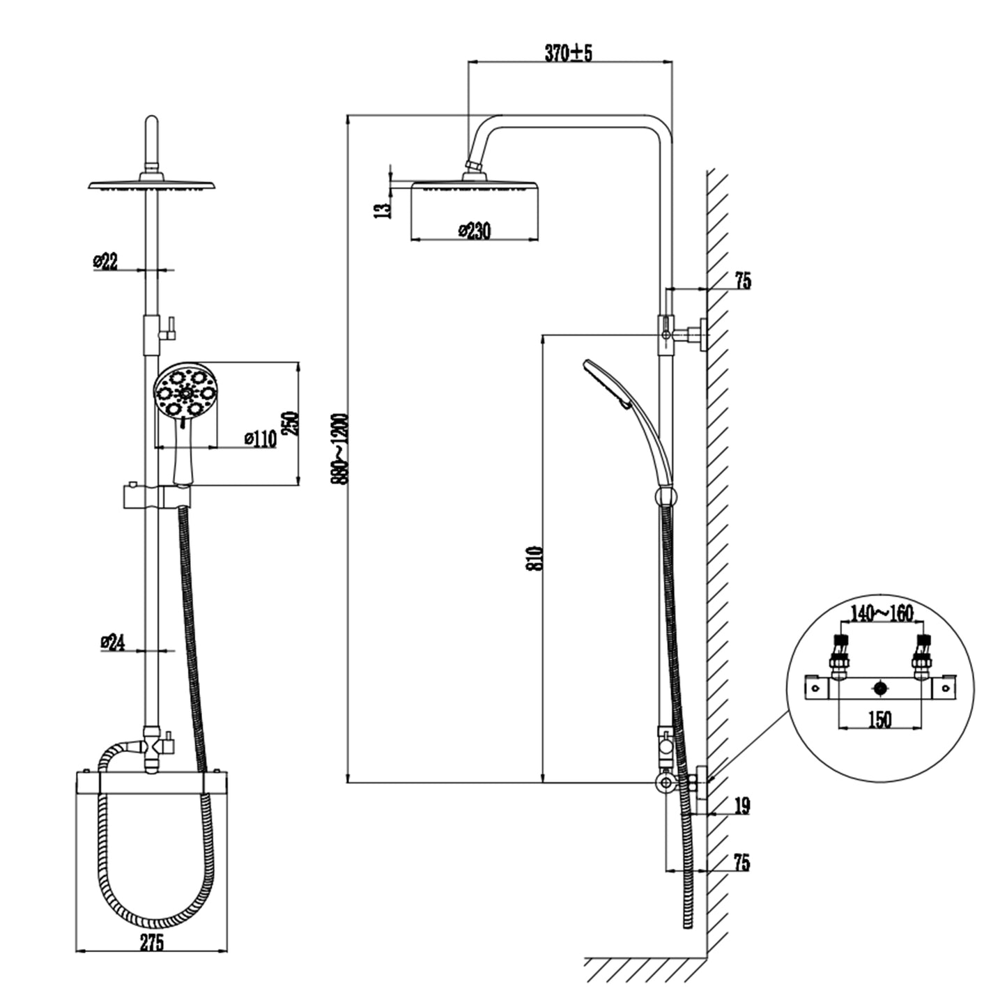 AICA Black Round Shower Set