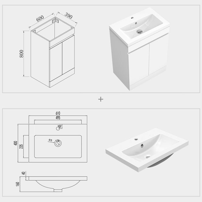 800x600mm Bathroom White Vanity Unit With Storage Space|Soft Close Doors|Artificial Stone Basin