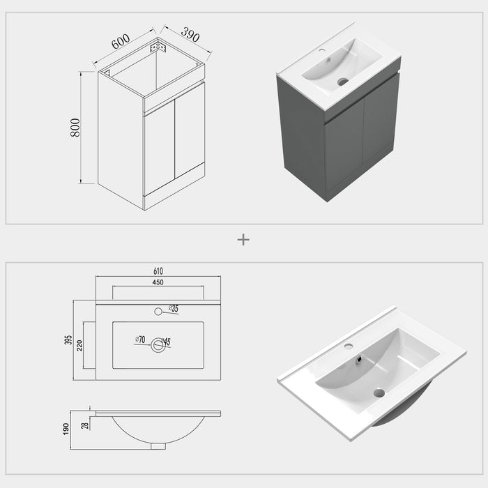 800x600mm Bathroom Anthracite Vanity Unit With Storage Space| Soft Close Doors|White Thin Ceramic Basin