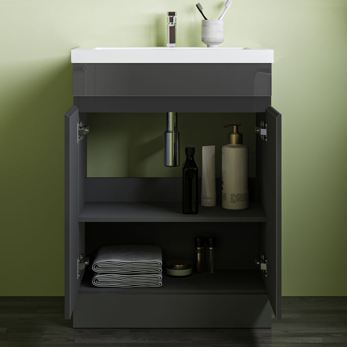 800x600mm Anthracite Vanity Unit With Storage Space|Soft Close Doors|White Artificial Stone Basin