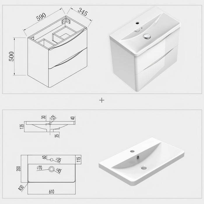 500/600/800mm Bathroom Vanity Units with Basin Gloss White Wall Hung