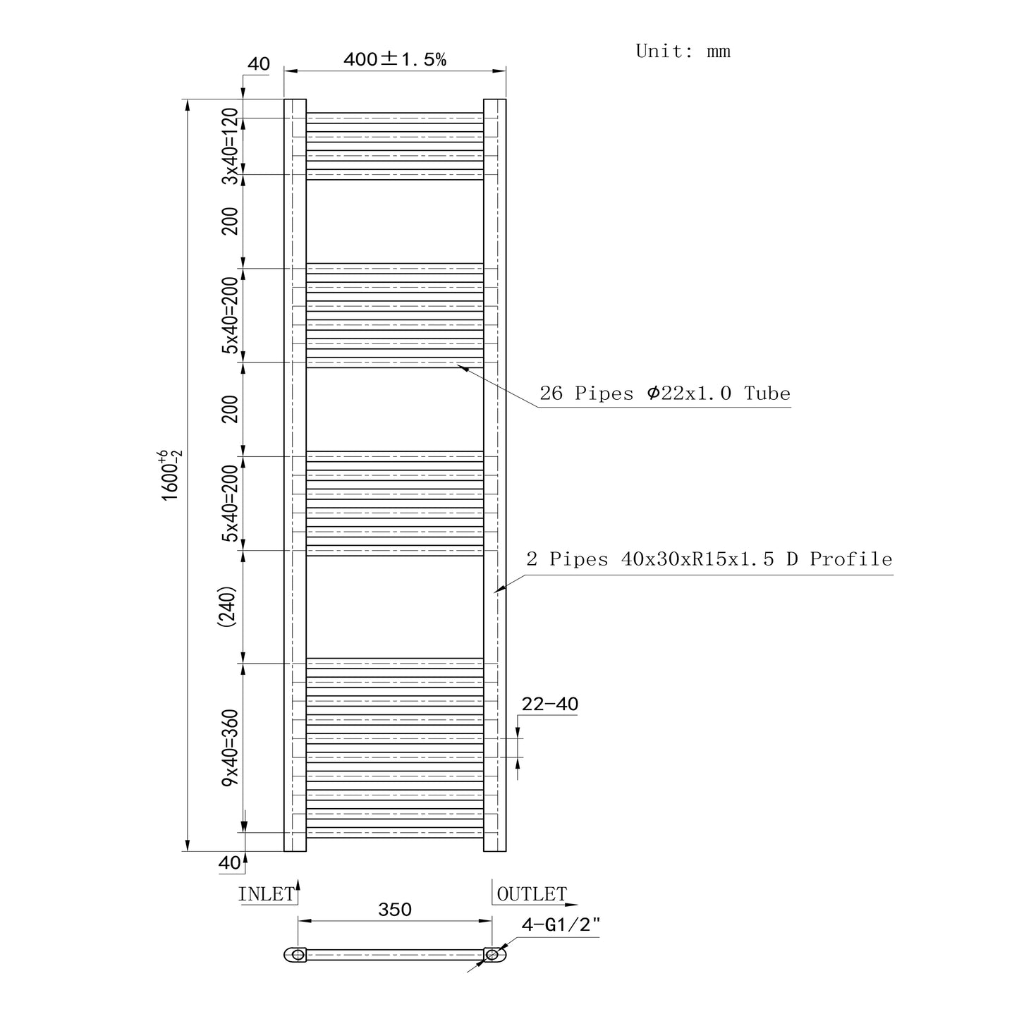 Matt Black Bathroom Central Heating Towel Rail Straight Designer Ladder Radiator Warmer