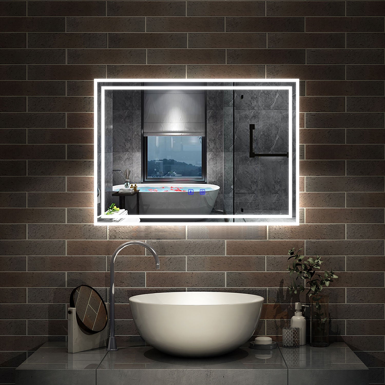 LED Bathroom Mirror with Demister Pad and Bluetooth 3 Colors Dimming F