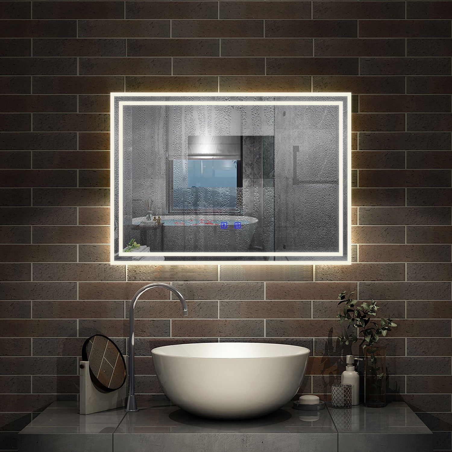 LED Bathroom Mirror with Demister Pad and Bluetooth 3 Colors Dimming F
