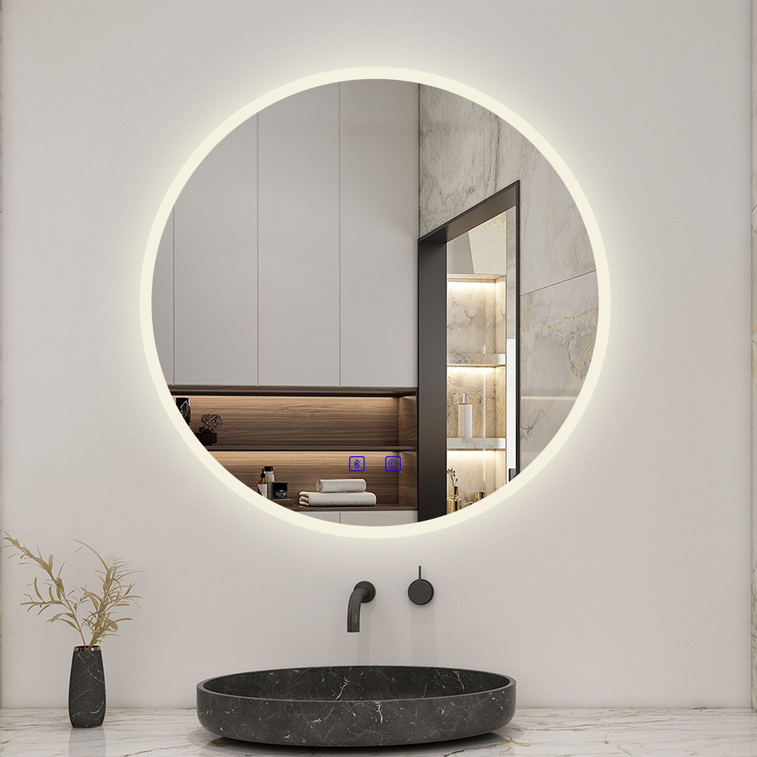 Round LED Bathroom Mirror with Demister Pad and Bluetooth 3 Colors Dim