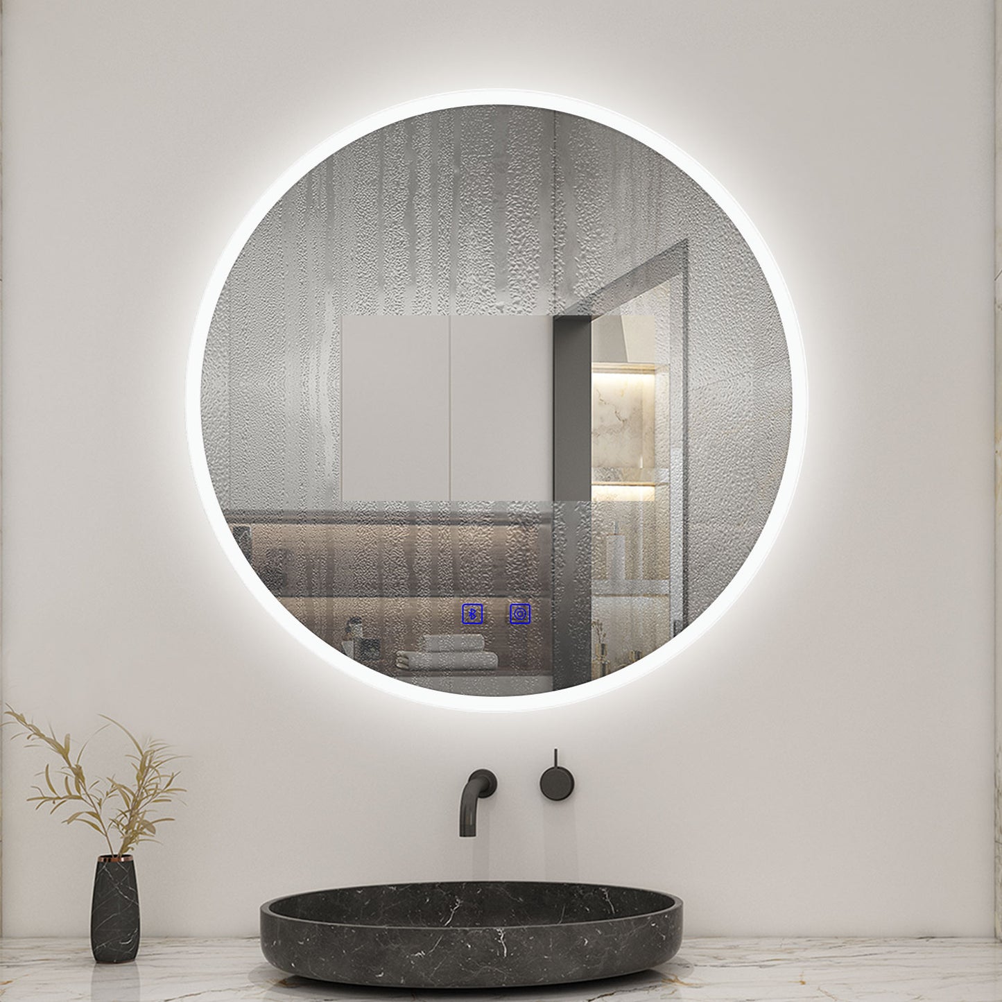 Round LED Bathroom Mirror with Demister Pad and Bluetooth 3 Colors Dimming Function