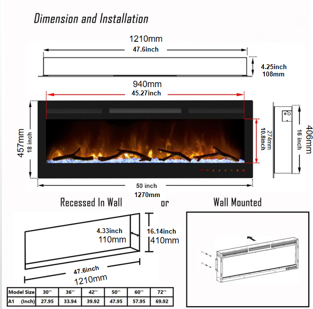 2023 Electric Wall Mounted LED Fireplace 14 Color Wall Inset Black 40 50 60