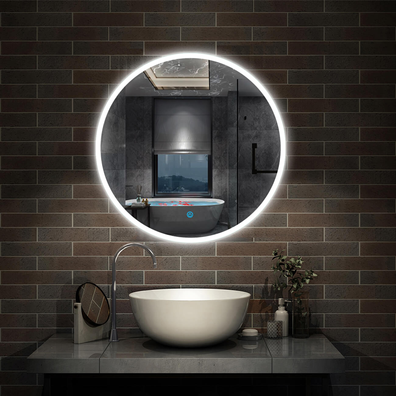 frameless Round LED Bathroom Mirror with Demister Pad Single Touch
