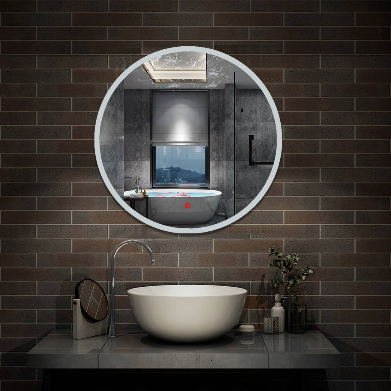frameless Round LED Bathroom Mirror with Demister Pad Single Touch