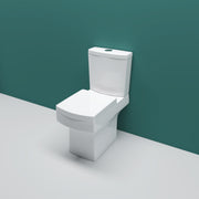 A white ceramic close coupled toilet with a soft close seat and dual flush cistern, against a green background.