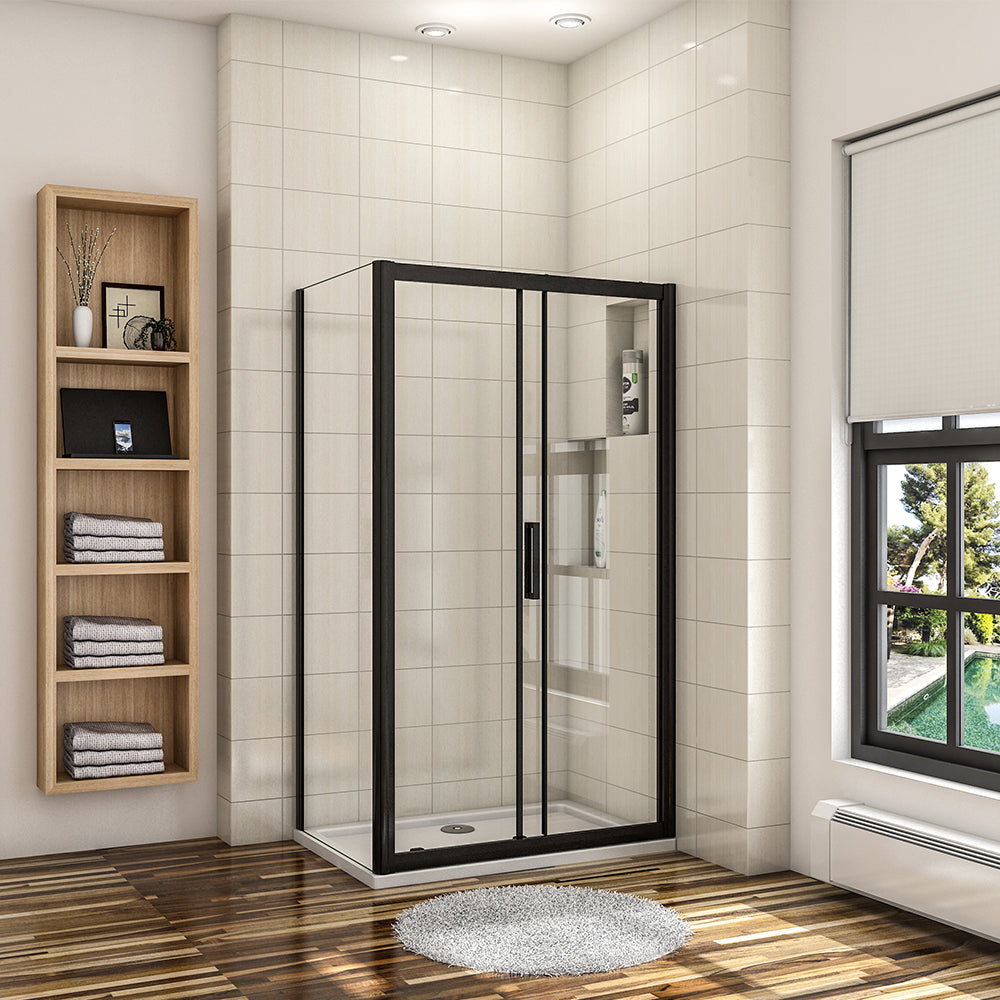 Black Sliding Shower Enclosure Nano Glass Door+Side Panel+Tray+WasteTr