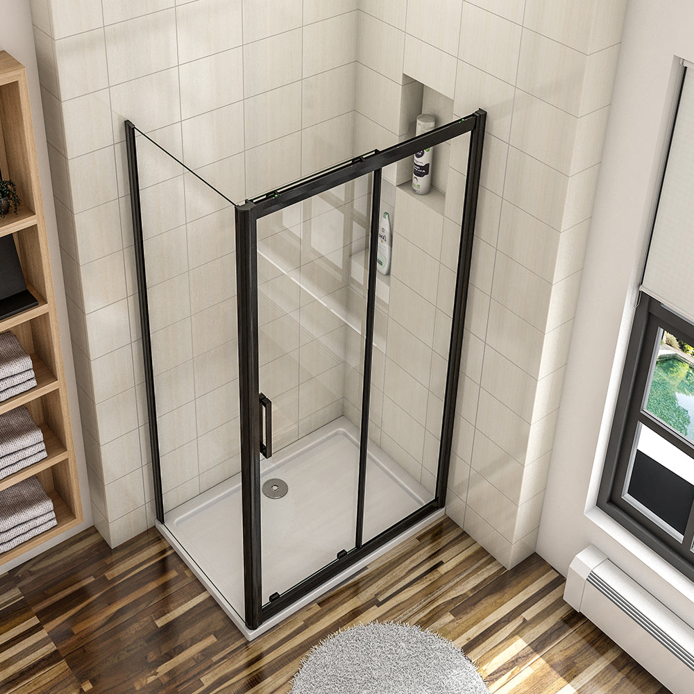 Black Sliding Shower Enclosure Nano Glass Door+Side Panel+Tray+WasteTr