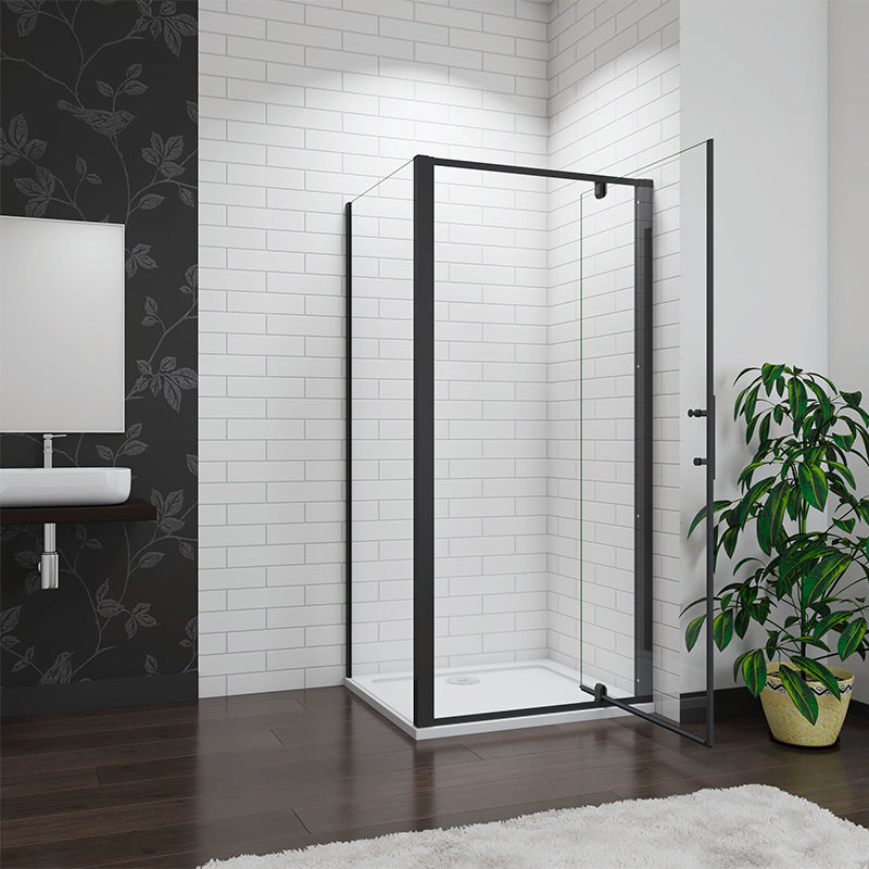 900mm Black Pivot shower door, side panel 185cm enclosure