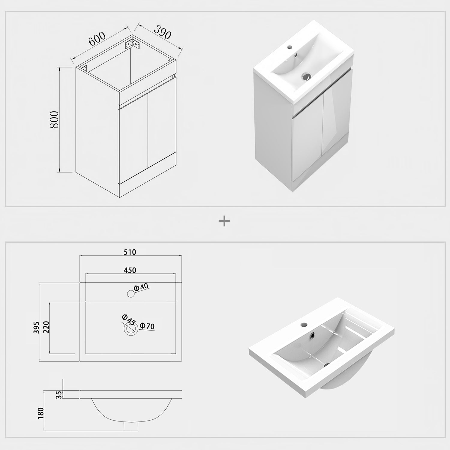 500/600mm Bathroom Vanity Unit with Resinous Basin Gloss White Freesta Aica Bathrooms