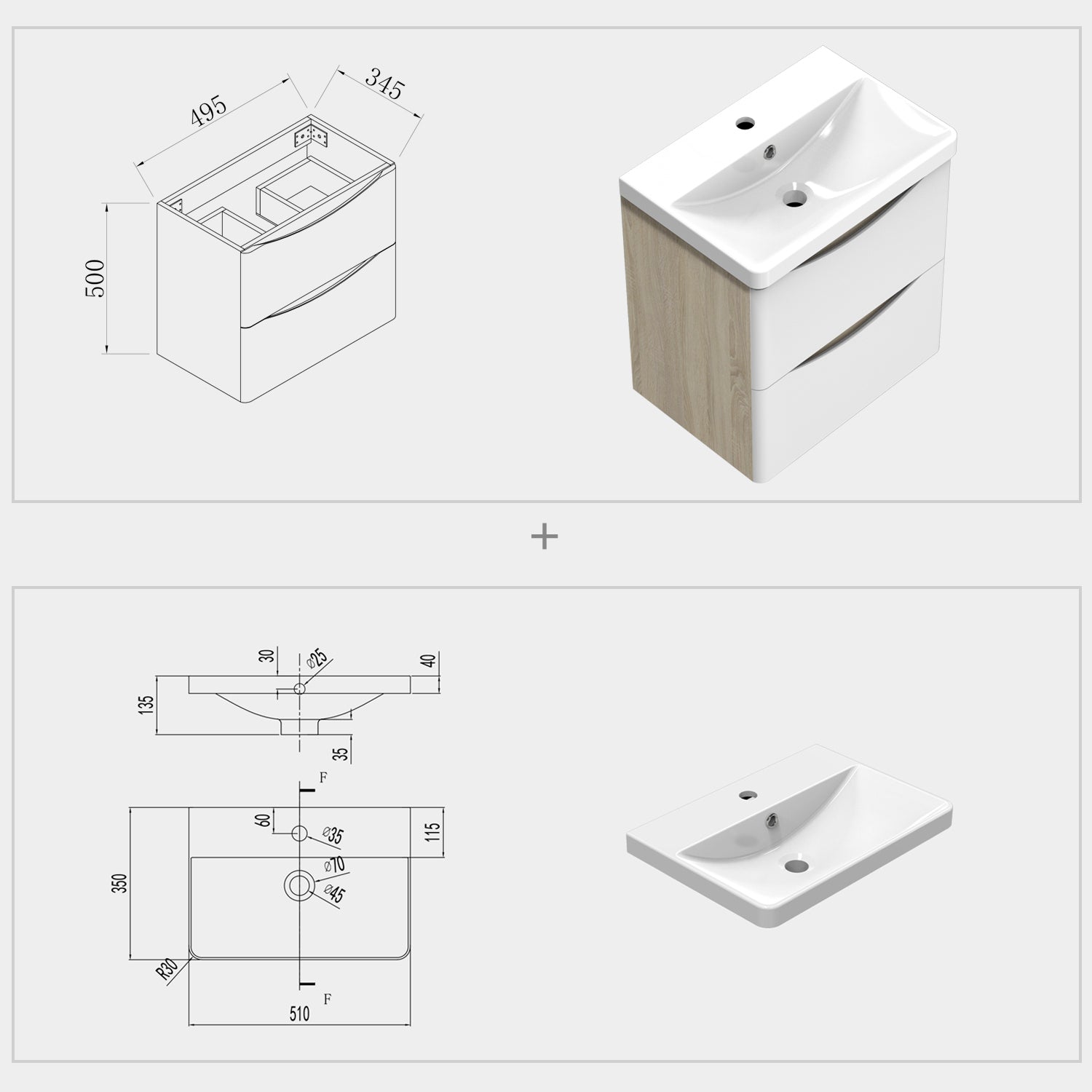 500/600/800mm Modern Bathroom Oak Vanity Unit with Basin Wall Hung