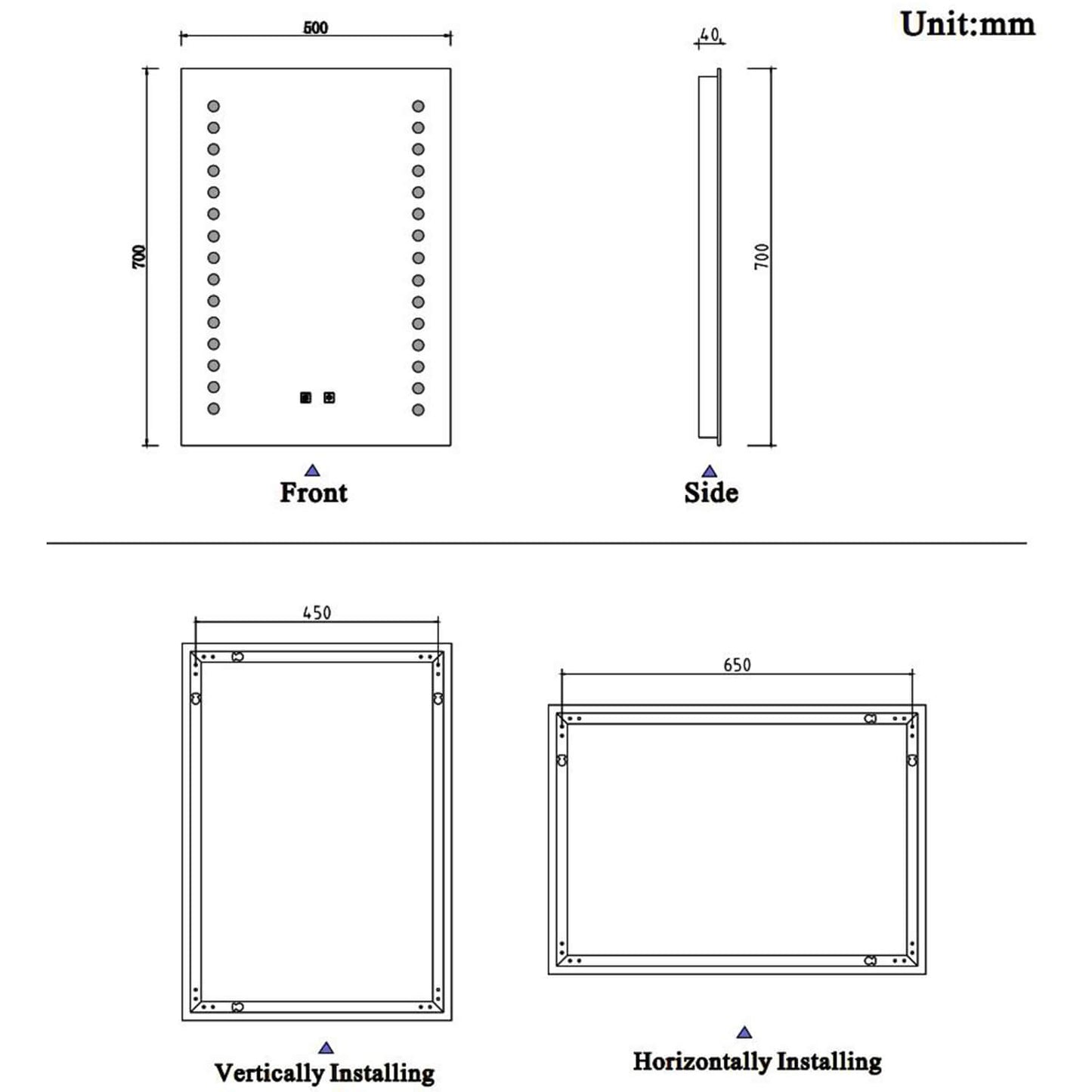 500x700mm Bathroom Mirror with LED Lights and Demister Pad Dual Control