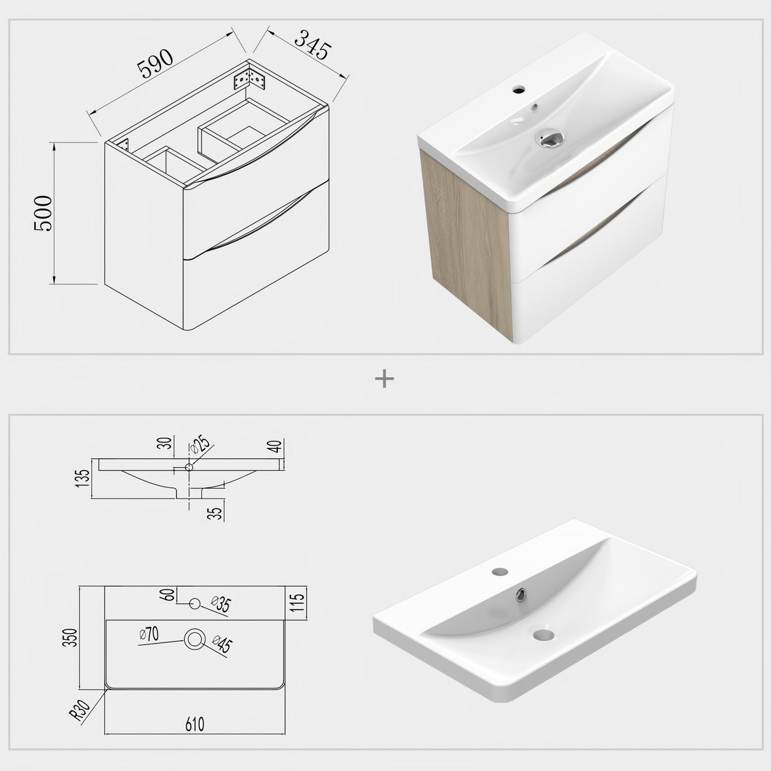 500/600/800mm Modern Bathroom Oak Vanity Unit with Basin Wall Hung