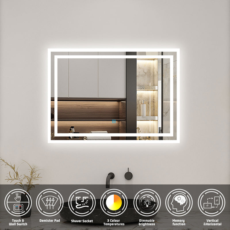 AICA Bathrooms Backlit Illuminated Bathroom Mirror with Shaver Socket, Energy-Saving LED Smart Mirror, 3 Colors Dimmable Wall Mounted Bathroom Vanity Mirror with LED Lights and Demister Pad