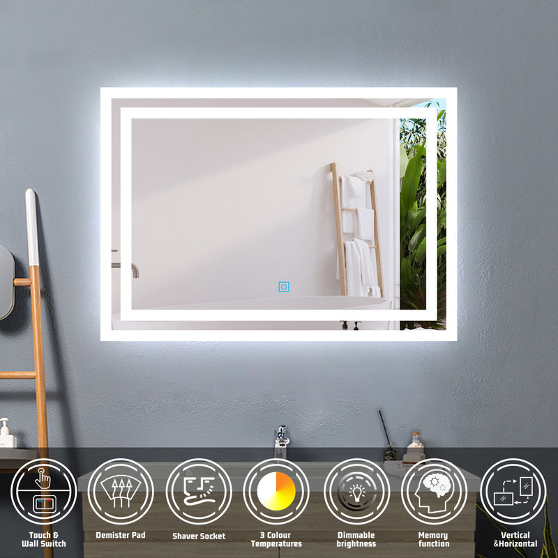 AICA Bathrooms Backlit Illuminated Bathroom Mirror with Shaver Socket, Energy-Saving LED Smart Mirror, 3 Colors Dimmable Wall Mounted Bathroom Vanity Mirror with LED Lights and Demister Pad