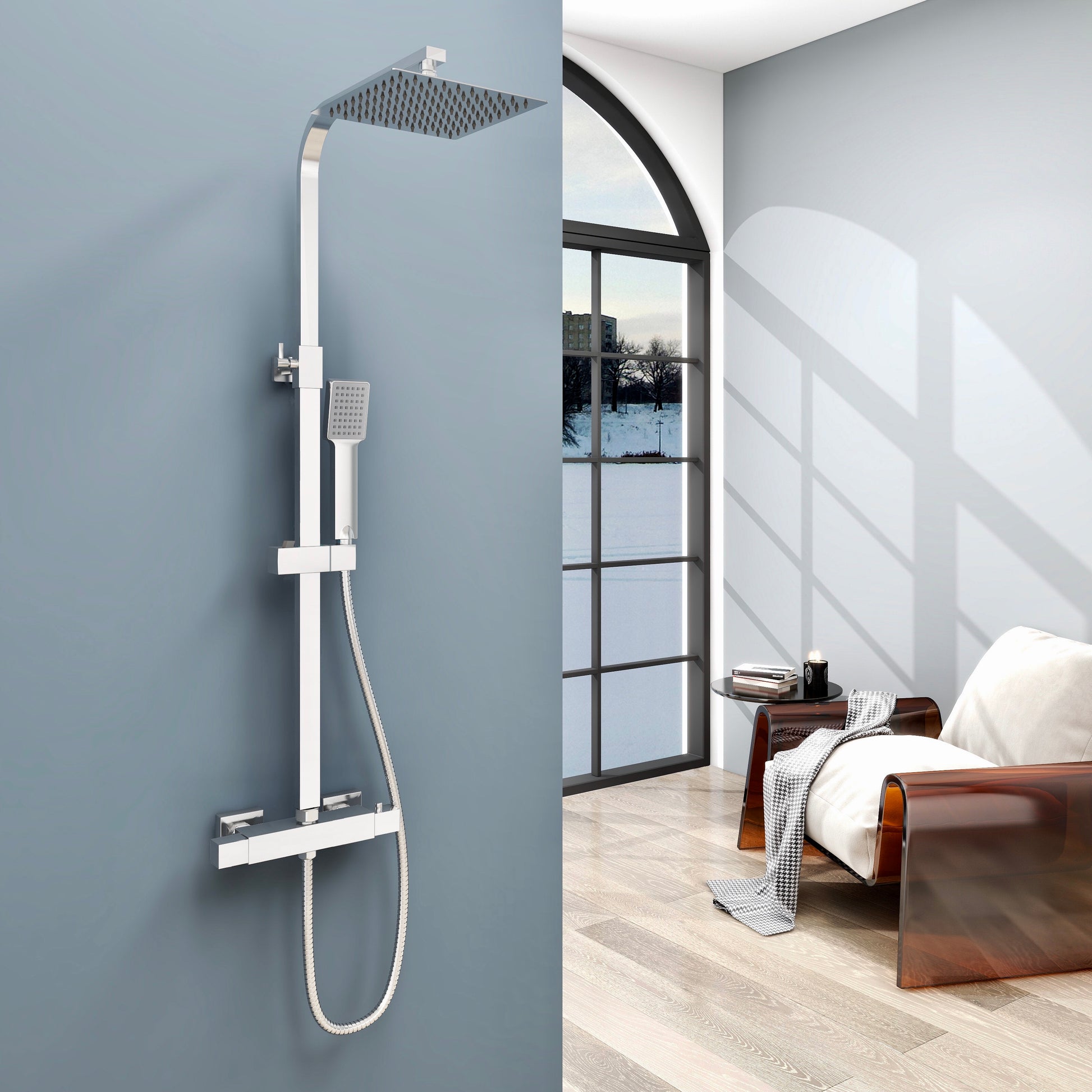 AICA Bathroom Thermostatic Exposed Shower Mixer Twin head Large Square