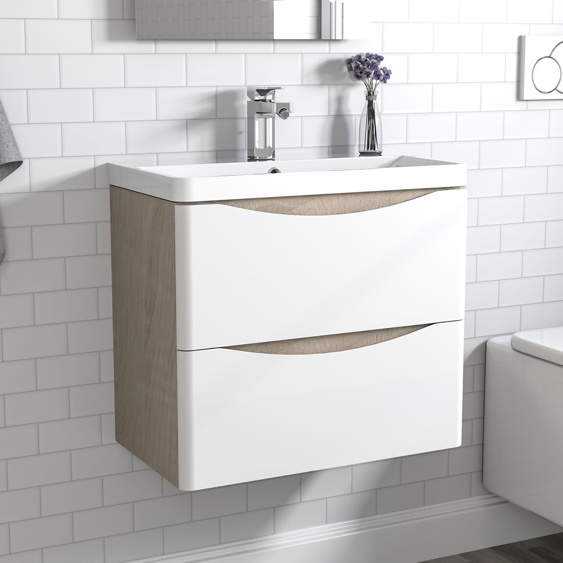 600mm Bathroom Oak Vanity Units with Resinous Sink Wall Mounted