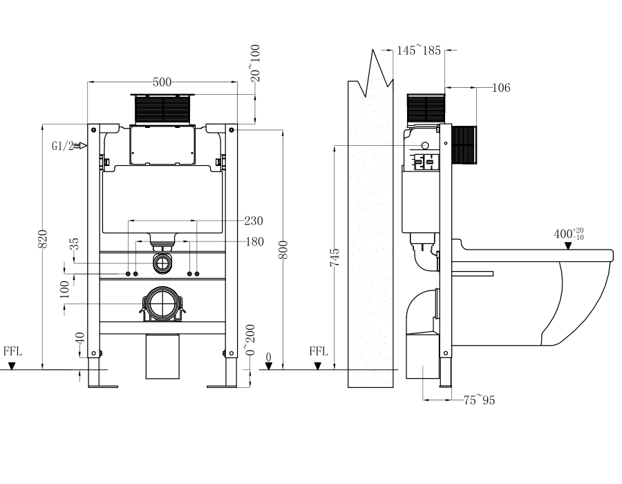 820mm heigh Aica concealed toilet cistern frame set