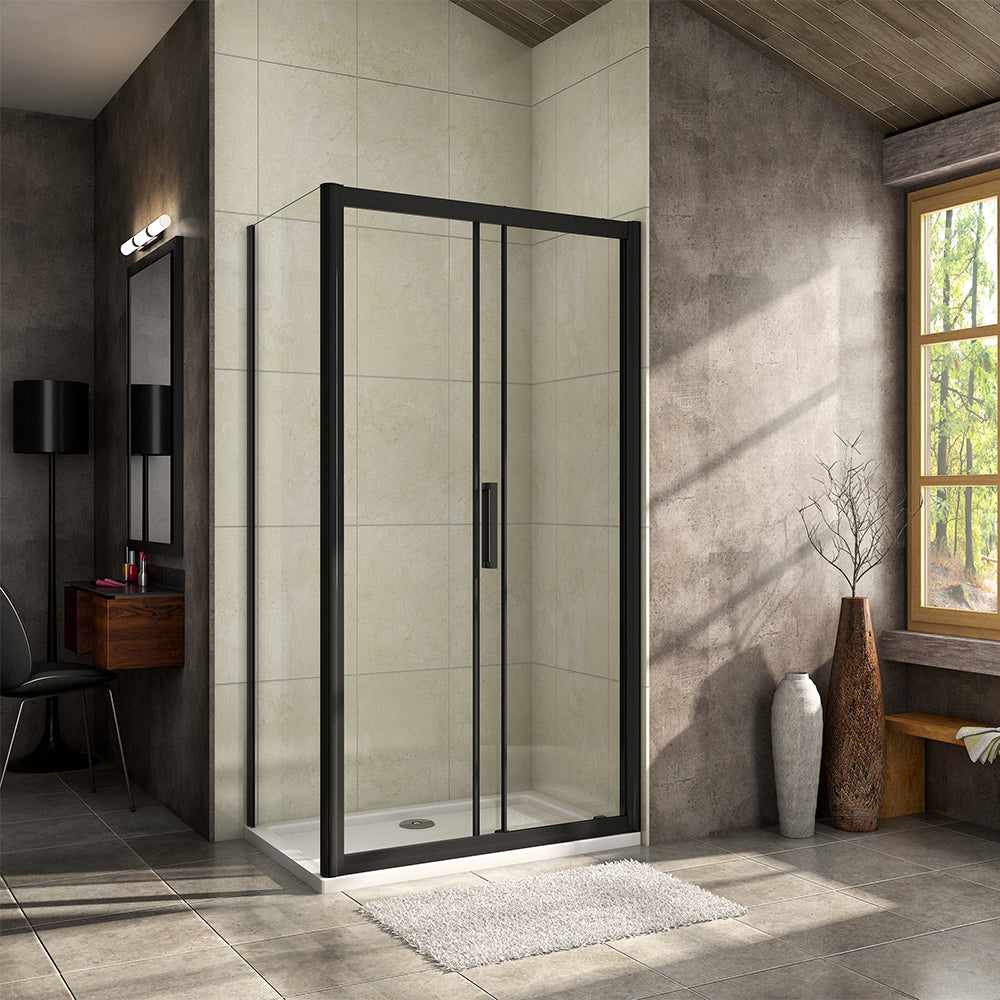 BLACK 160x90CM Sliding Shower Enclosure Easy Clean Glass Screen Panel