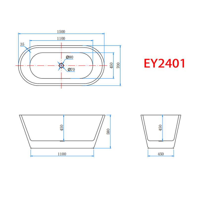 AICA Bathroom Bathtub Freestanding Double Ended Bath 1500x700mm