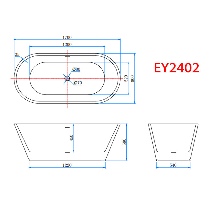 AICA Bathroom 1700x800mm Freestanding Double Ended Bath Bathtub