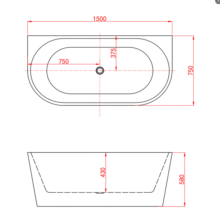 AICA Bathroom 1500x750mm Back To Wall Double Ended Bath Acrylic Bathtub