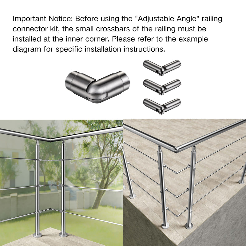 304 Stainless Steel Railing Connector Set - Straight & Adjustable Angle - Compatible with 3-Bar Railing Systems
