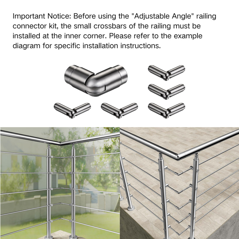 304 Stainless Steel Railing Connector Set - Straight & Adjustable Angle - Compatible with 5-Bar Railing Systems