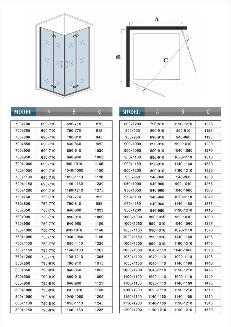 Measurement chart for hinge shower enclosure bi fold dimensions